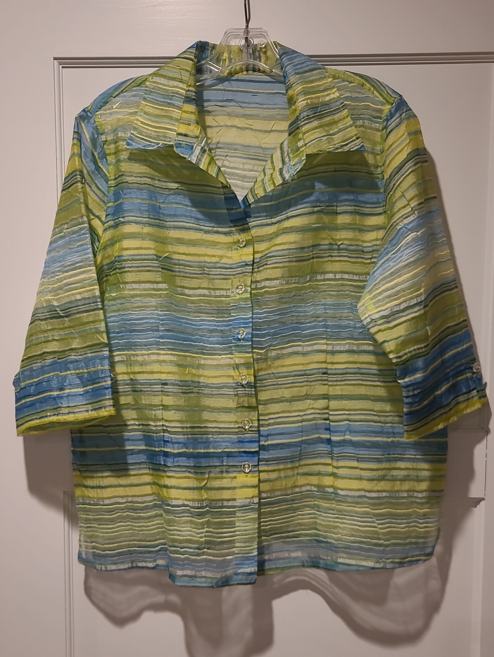 Striped Button-Up Shirt in Lime Green and Sky Blue